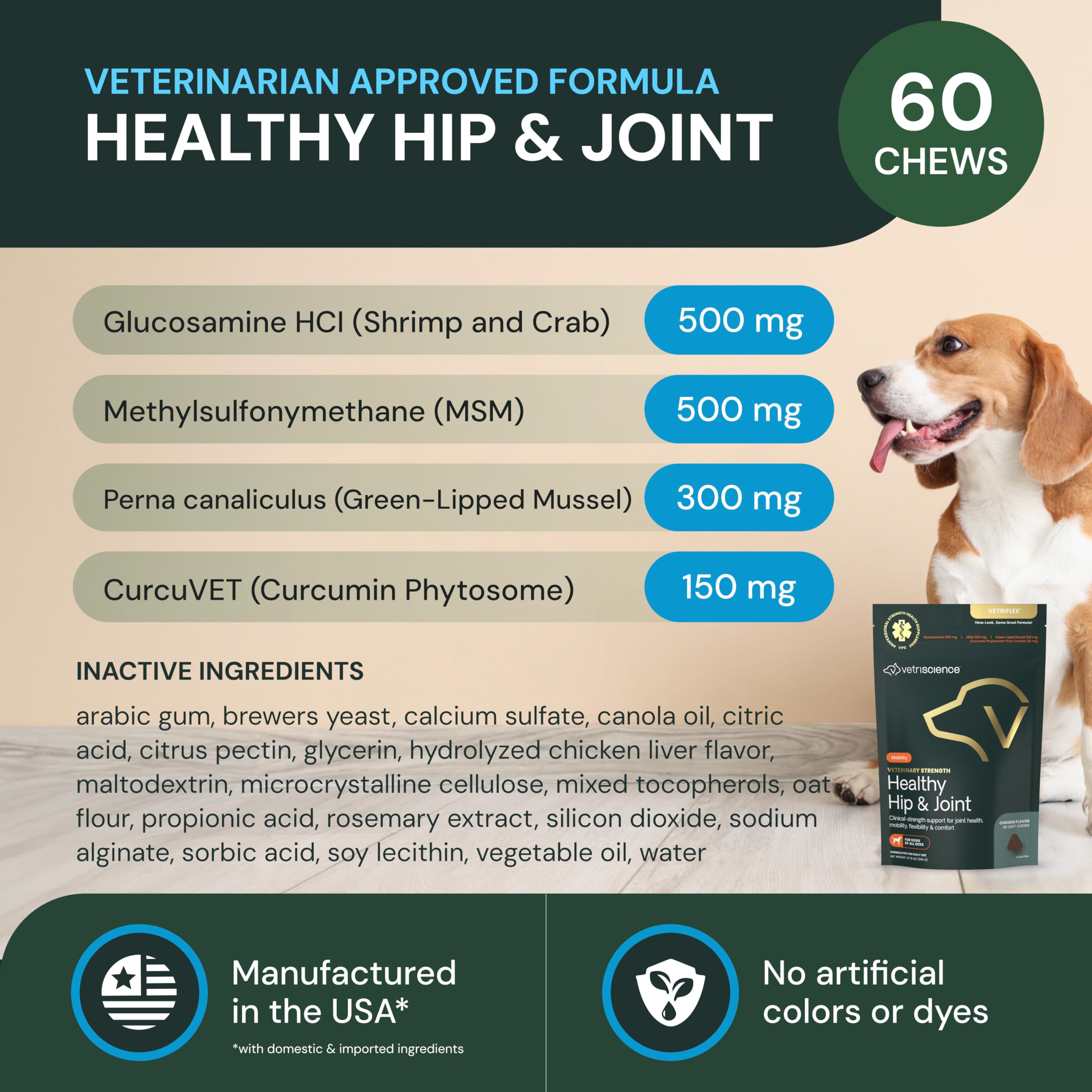 Phytosome complex feature highlighted on VetriScience hip joint chew packaging.