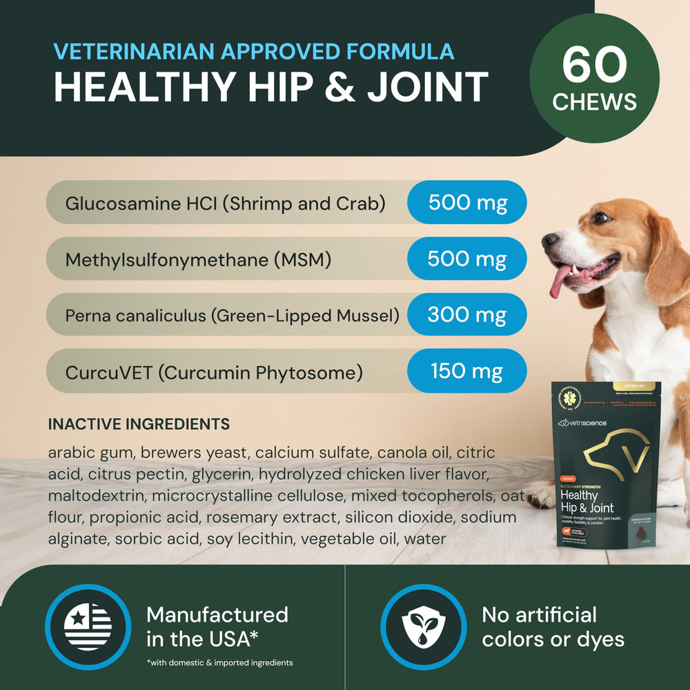 Phytosome complex feature highlighted on VetriScience hip joint chew packaging.