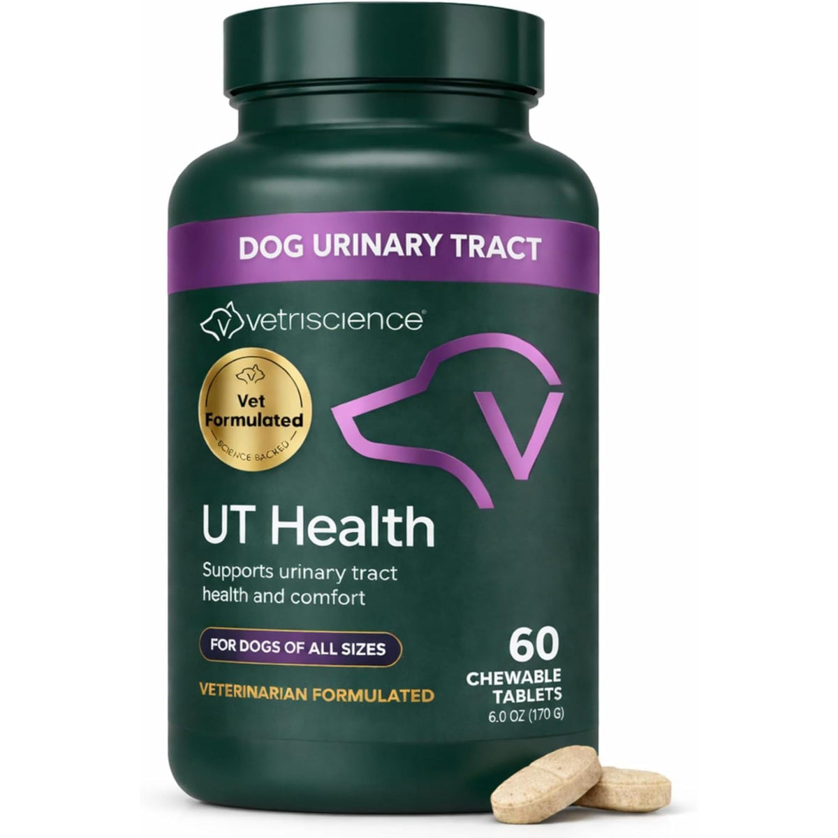 VetriScience Quick Action UT Health chews beside bottle for dogs' urinary support.