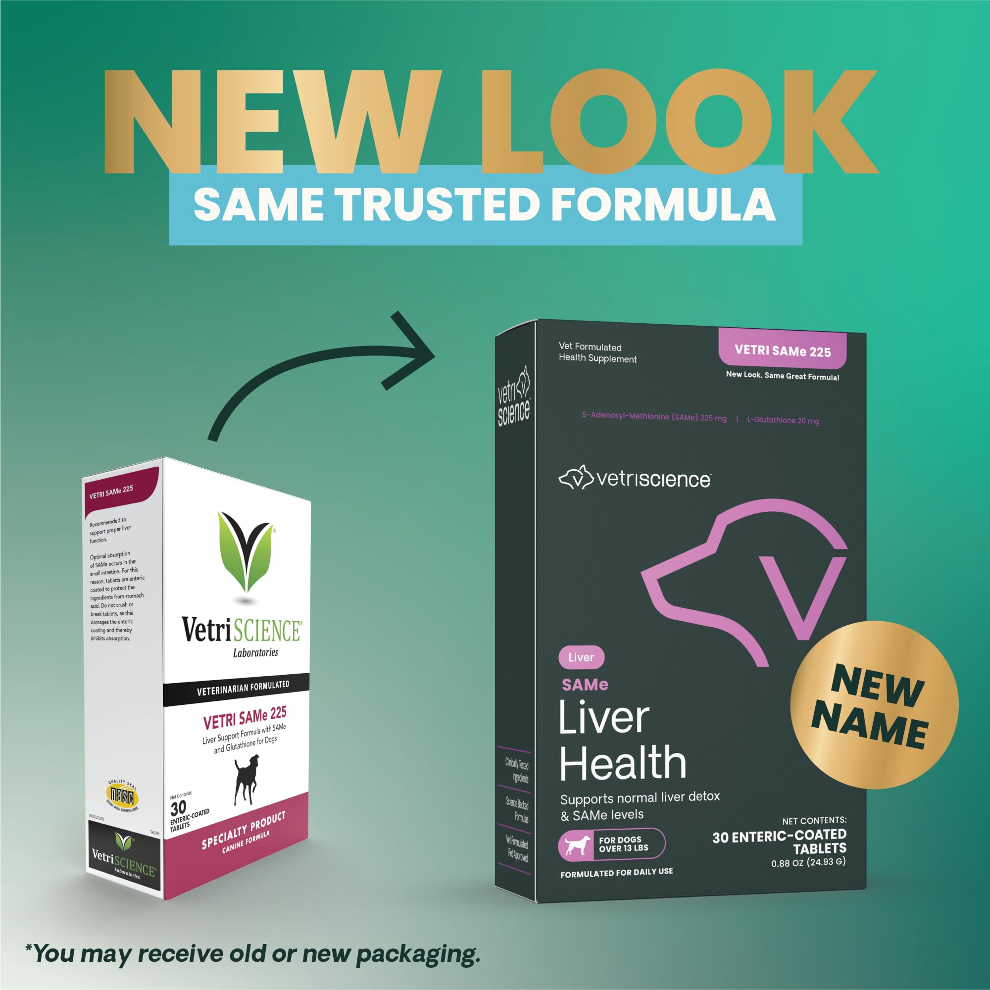 VetriScience SAMe Liver Health tablets front label highlights key nutrients.