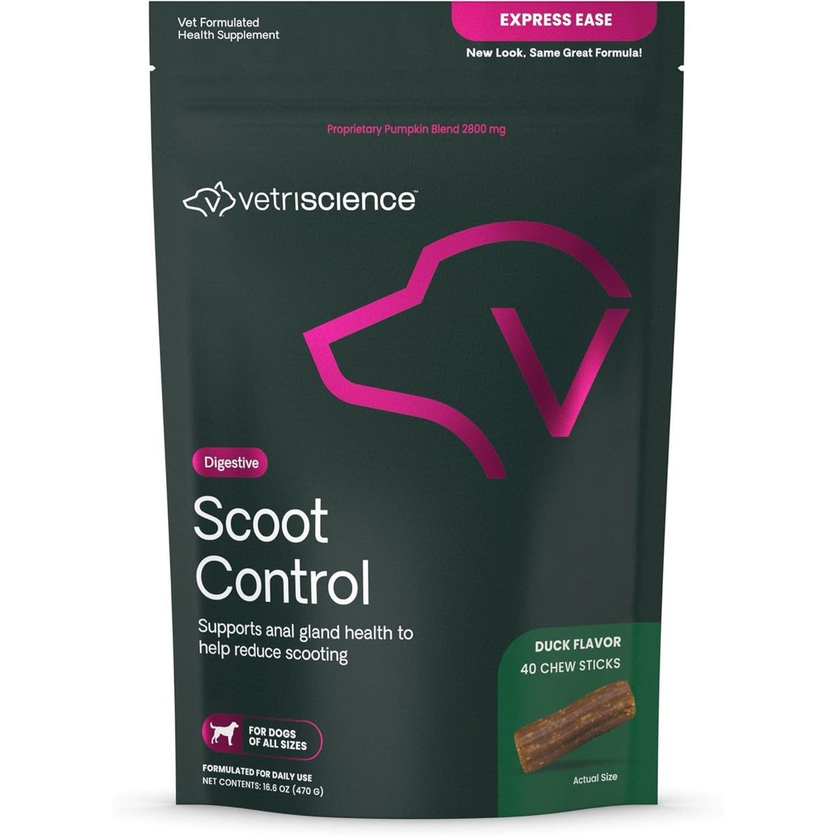 VetriScience Scoot Control duck-flavored chews in bottle for daily digestion support
