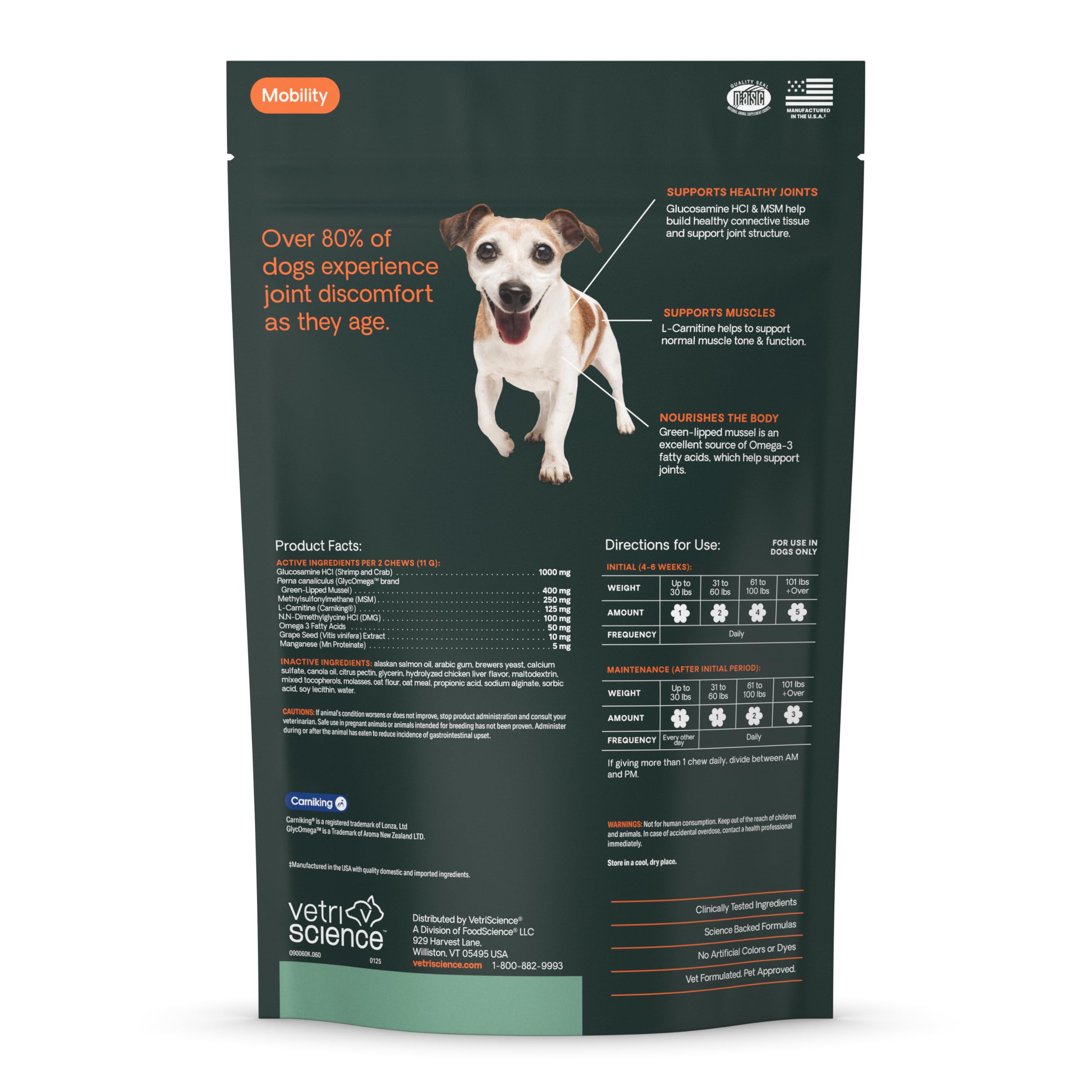 VetriScience soft chews for dogs improve mobility with glucosamine, green-lipped mussel, and carnitine