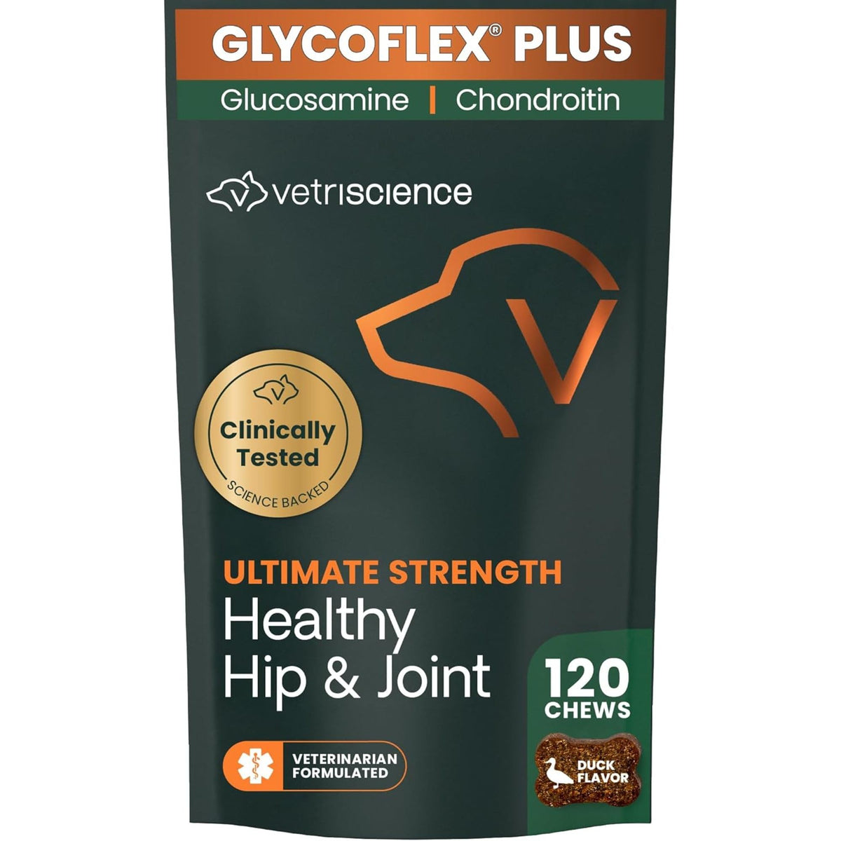 VetriScience Ultimate Strength Hip & Joint chews bottle supporting daily mobility in dogs.