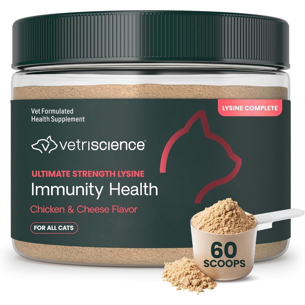 VETRISCIENCE Ultimate Strength Lysine Immunity powder in a cat bowl for immune support.