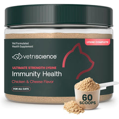 VETRISCIENCE Ultimate Strength Lysine Immunity powder in a cat bowl for immune support.