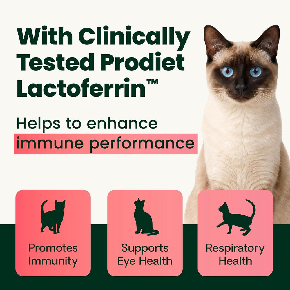 VETRISCIENCE lysine immunity powder being poured onto cat treats for easy daily dosing.