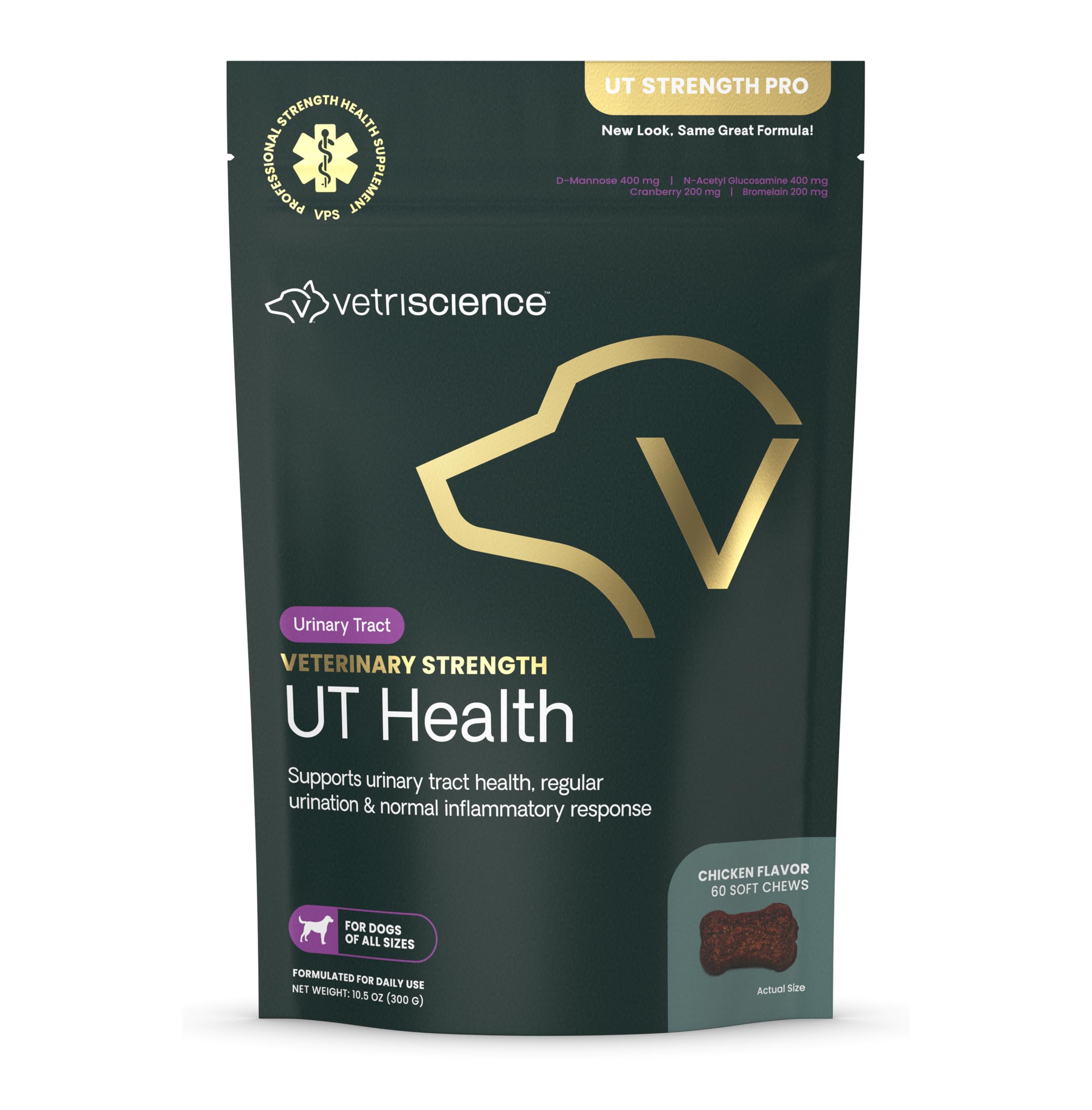 VetriScience UT Health Chews bottle front highlighting urinary wellness support for dogs