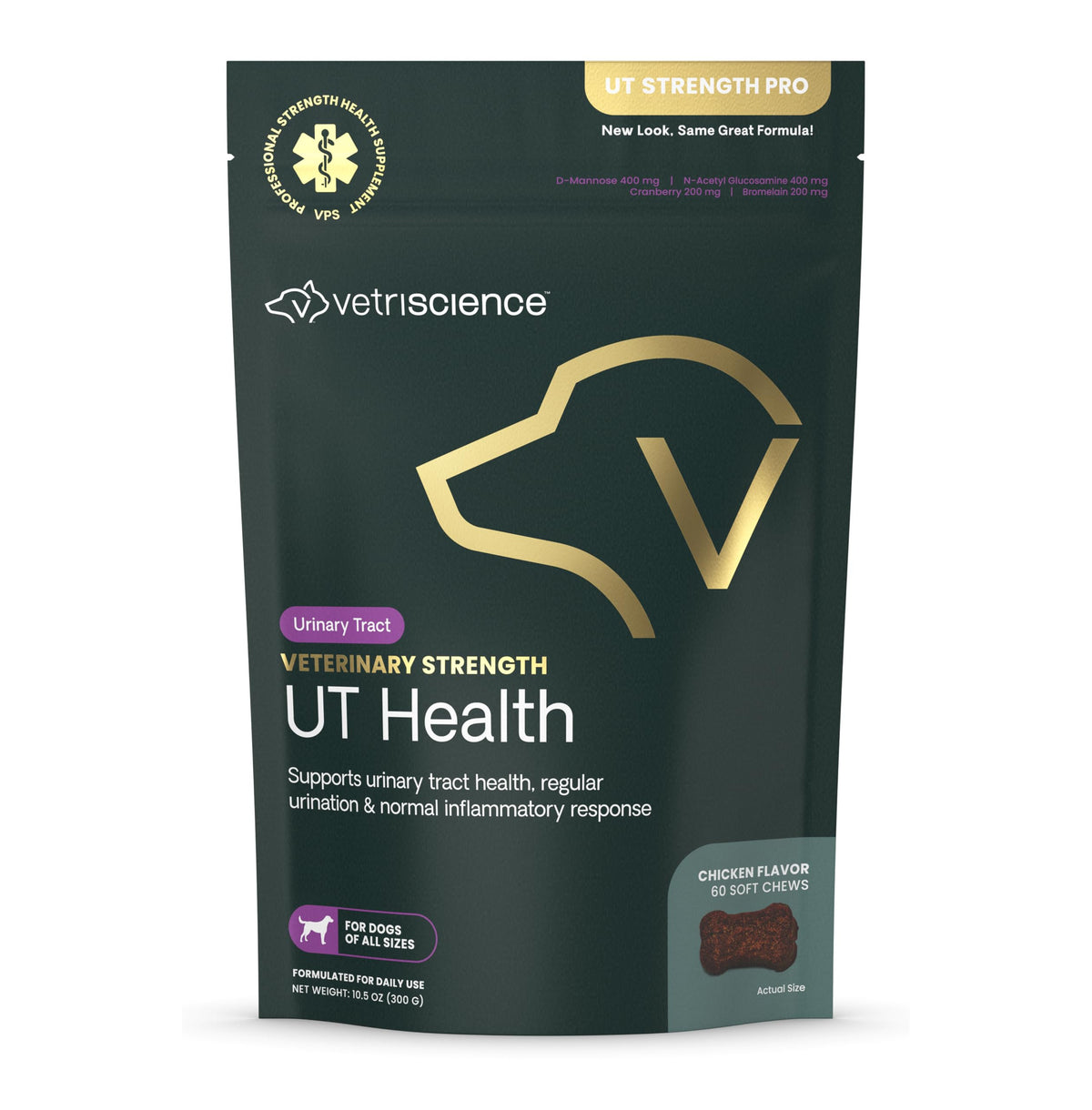 VetriScience UT Health Chews bottle front highlighting urinary wellness support for dogs