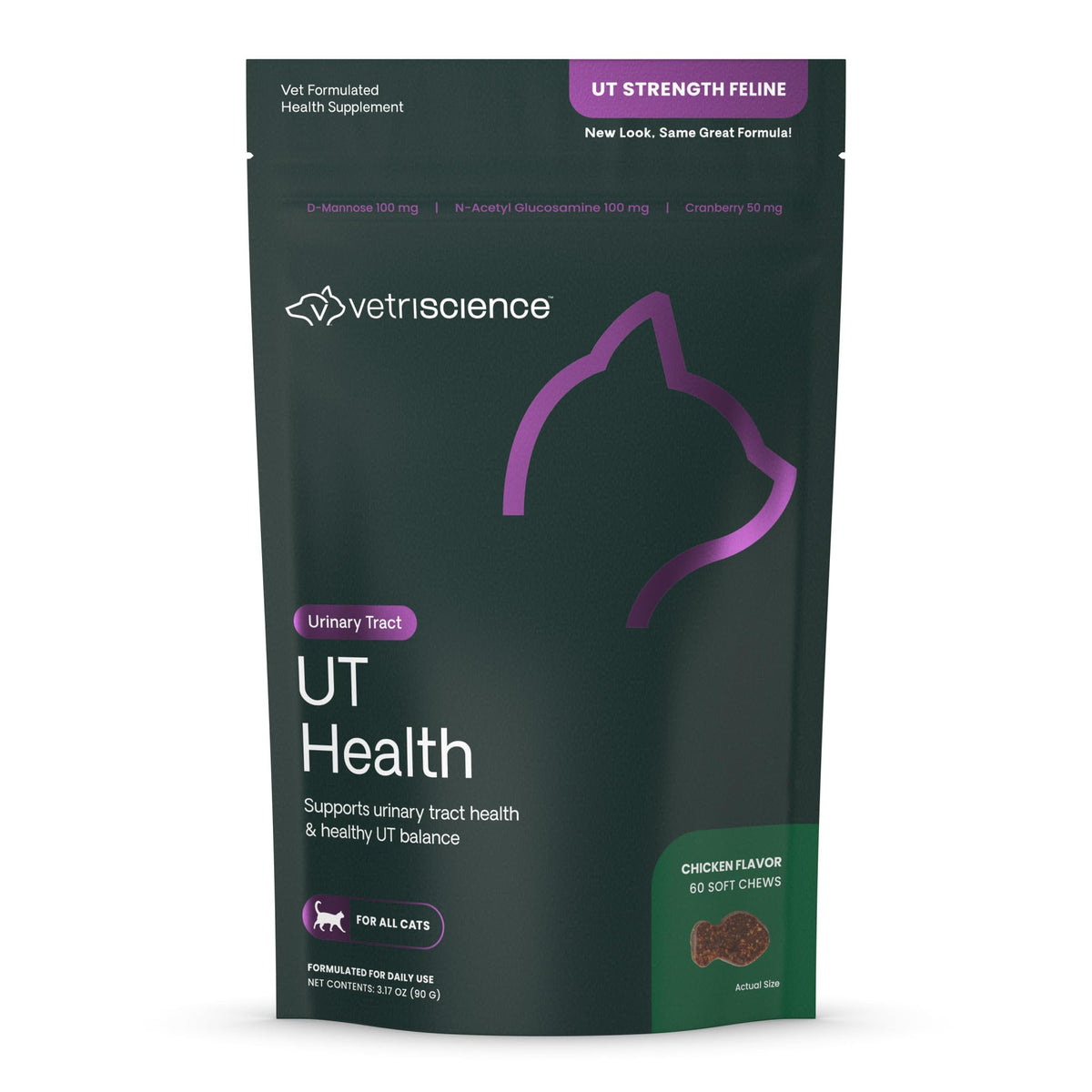 VetriScience UT Health Chews bottle on counter supports urinary tract health in cats.