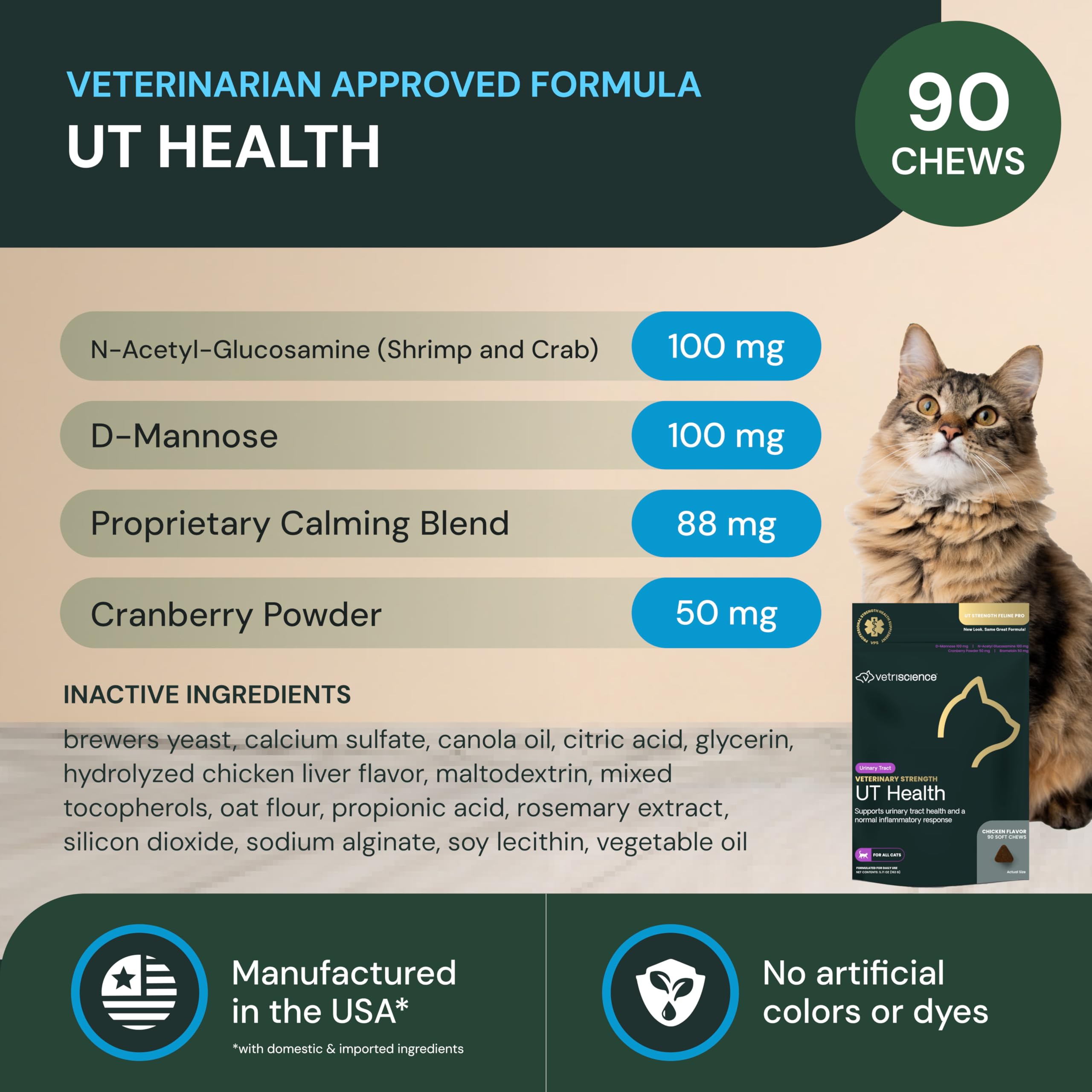 VETRISCIENCE UT Health chews label ingredients emphasizing urinary support formula