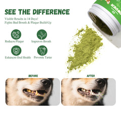 Vetriuntrix bottle-pour dog teeth powder highlights easy application onto dog food