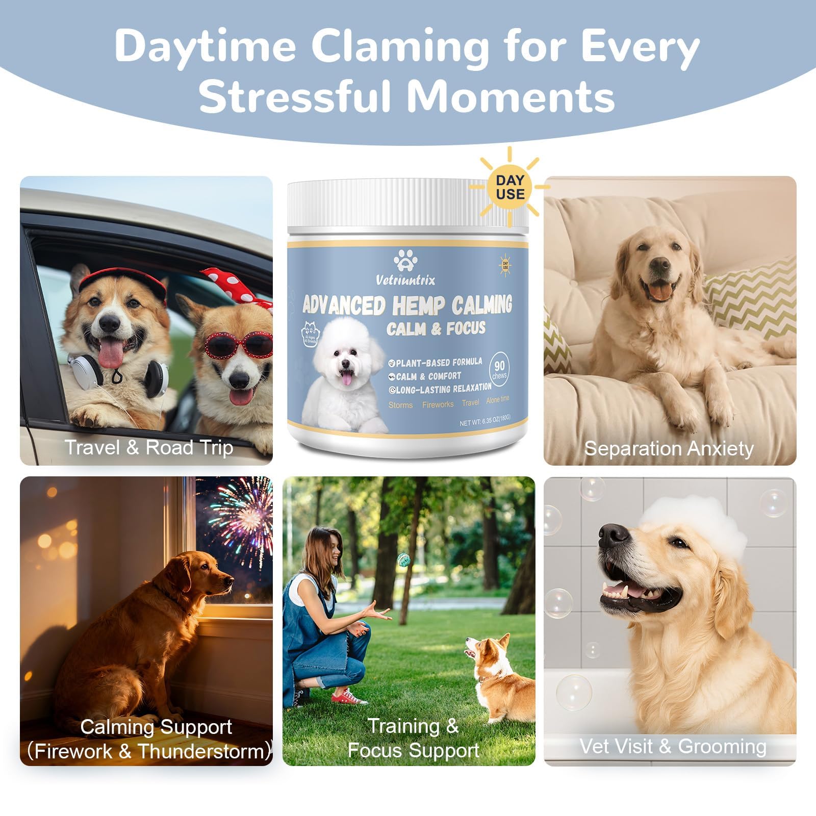 Vetriuntrix Calming Chews 200-count bottle for long-term use