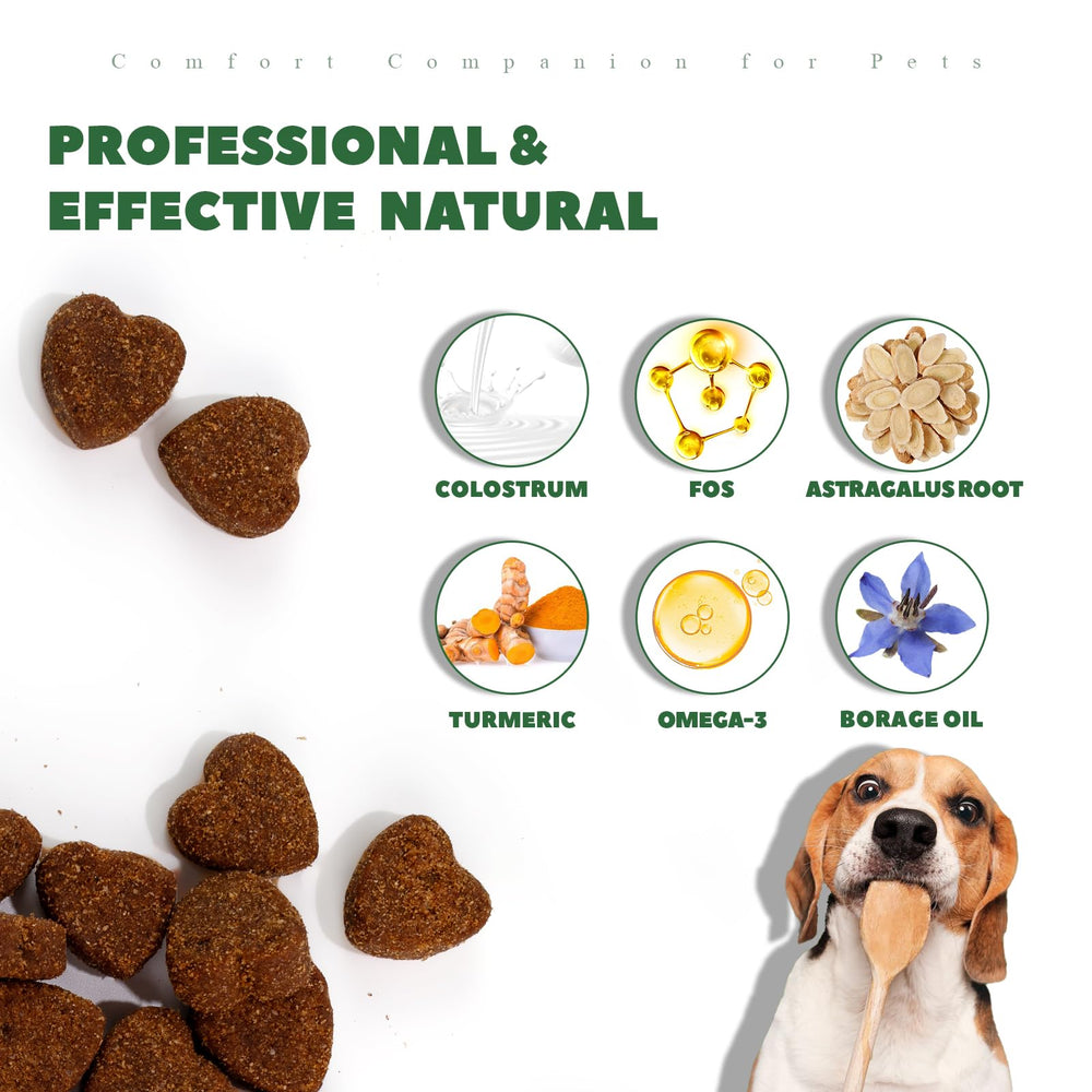 Vetriuntrix dog allergy chews being poured from a jar for convenient dosing.
