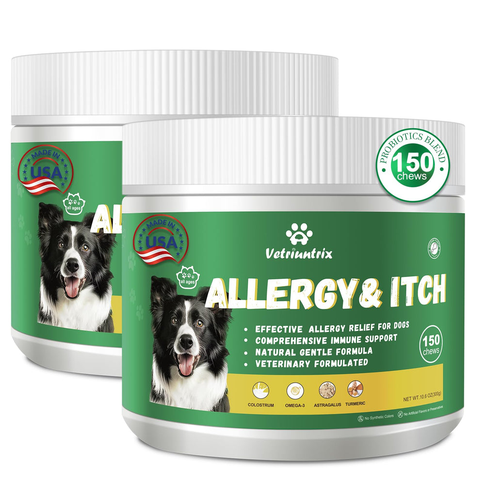 Vetriuntrix Dog Allergy Relief Chews bottle showing chicken flavor for itch relief