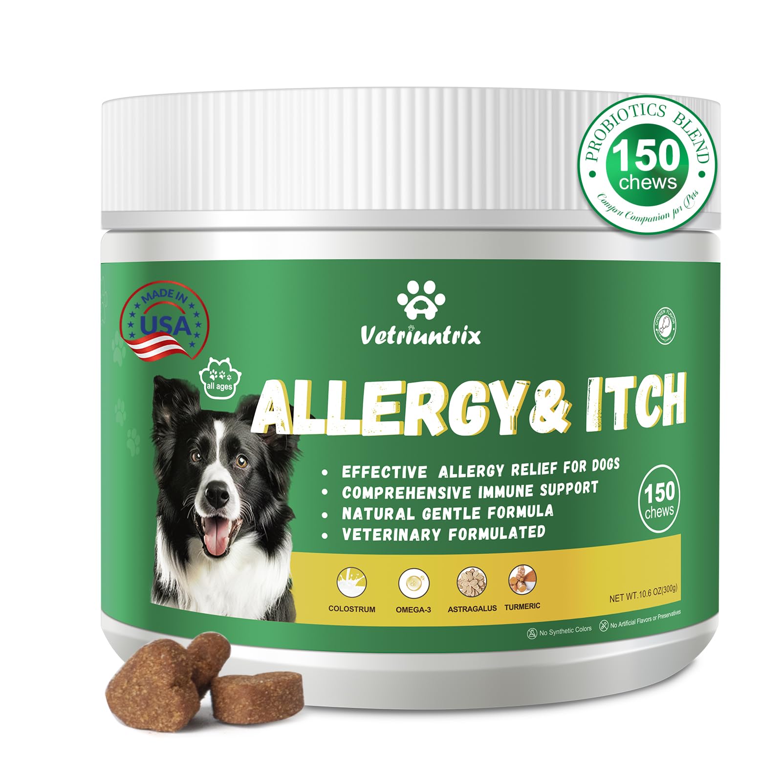 Vetriuntrix Dog Allergy Chews jar for daily itch relief support.