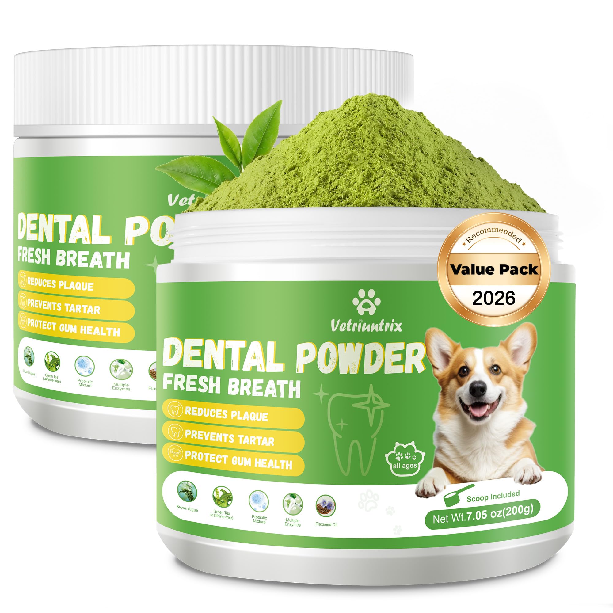 Vetriuntrix dog dental powder bottle promotes quick, fresh breath.