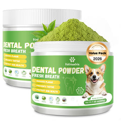 Vetriuntrix dog dental powder bottle promotes quick, fresh breath.