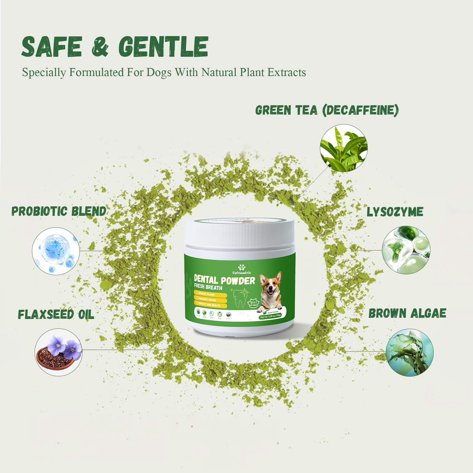 Powder sprinkled on dog food demonstrates effortless administration and taste-friendly formula.