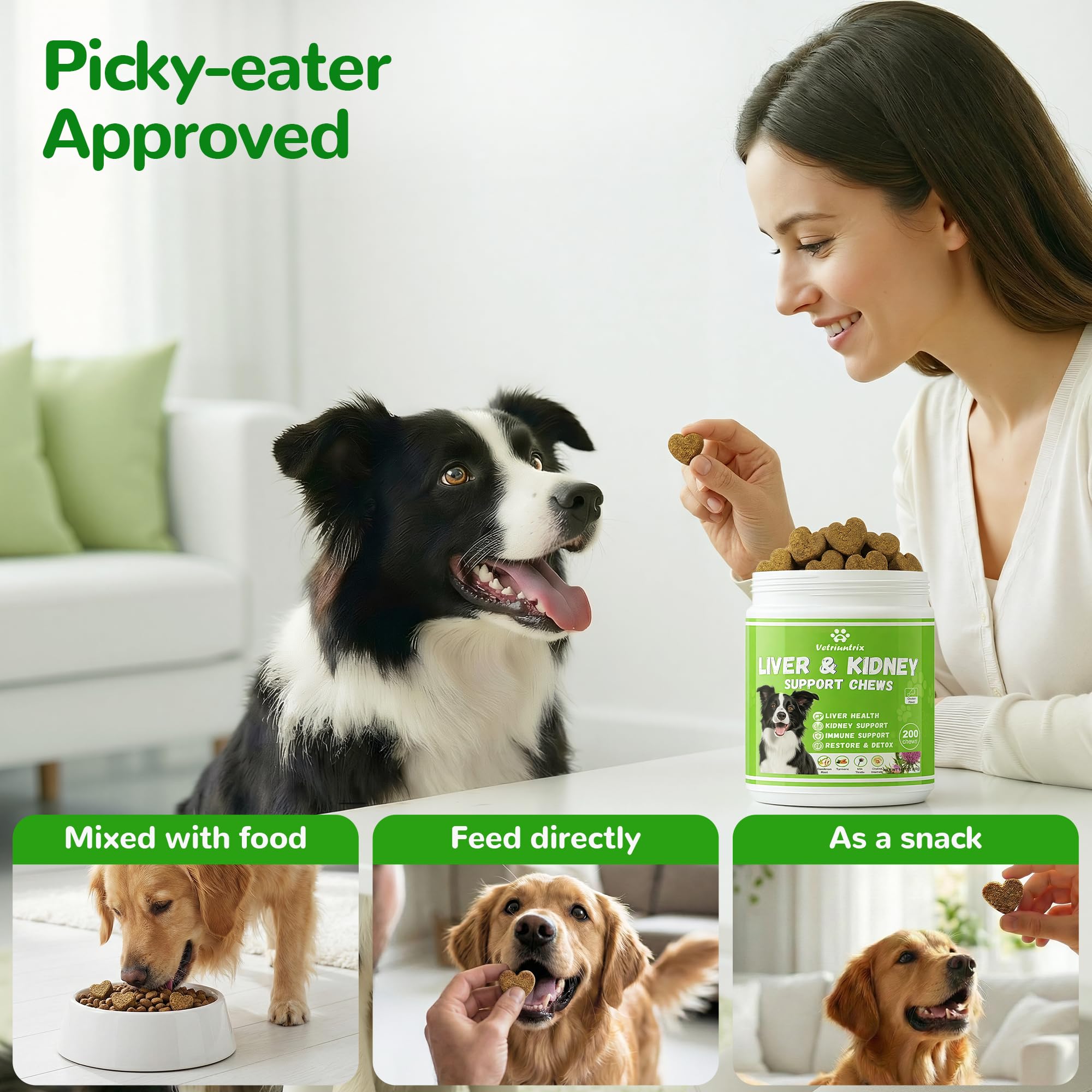 Vetriuntrix liver support chews offered to a happy dog during daily routine.