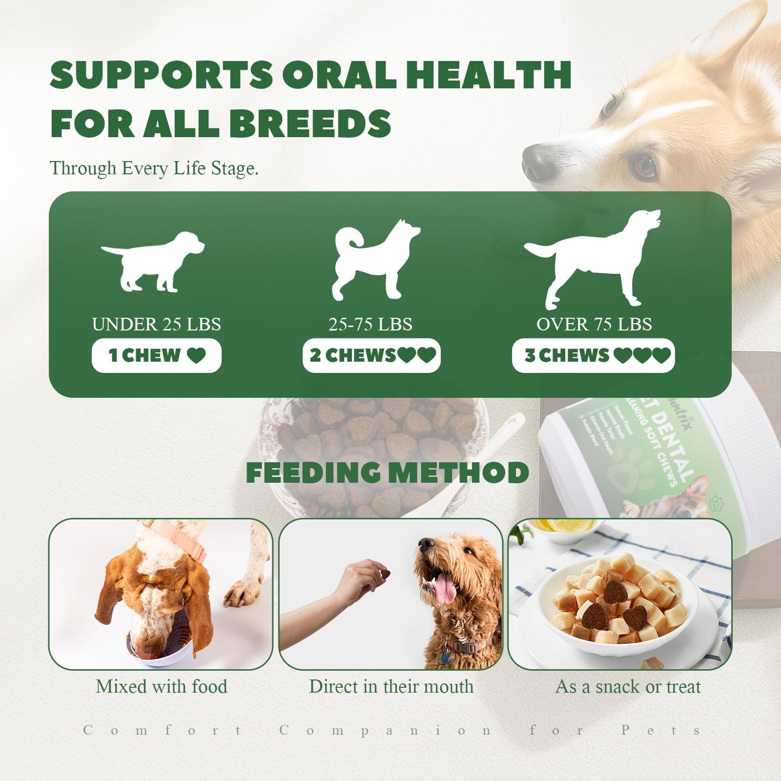 Measuring scoop of Vetriuntrix chews beside dog food.