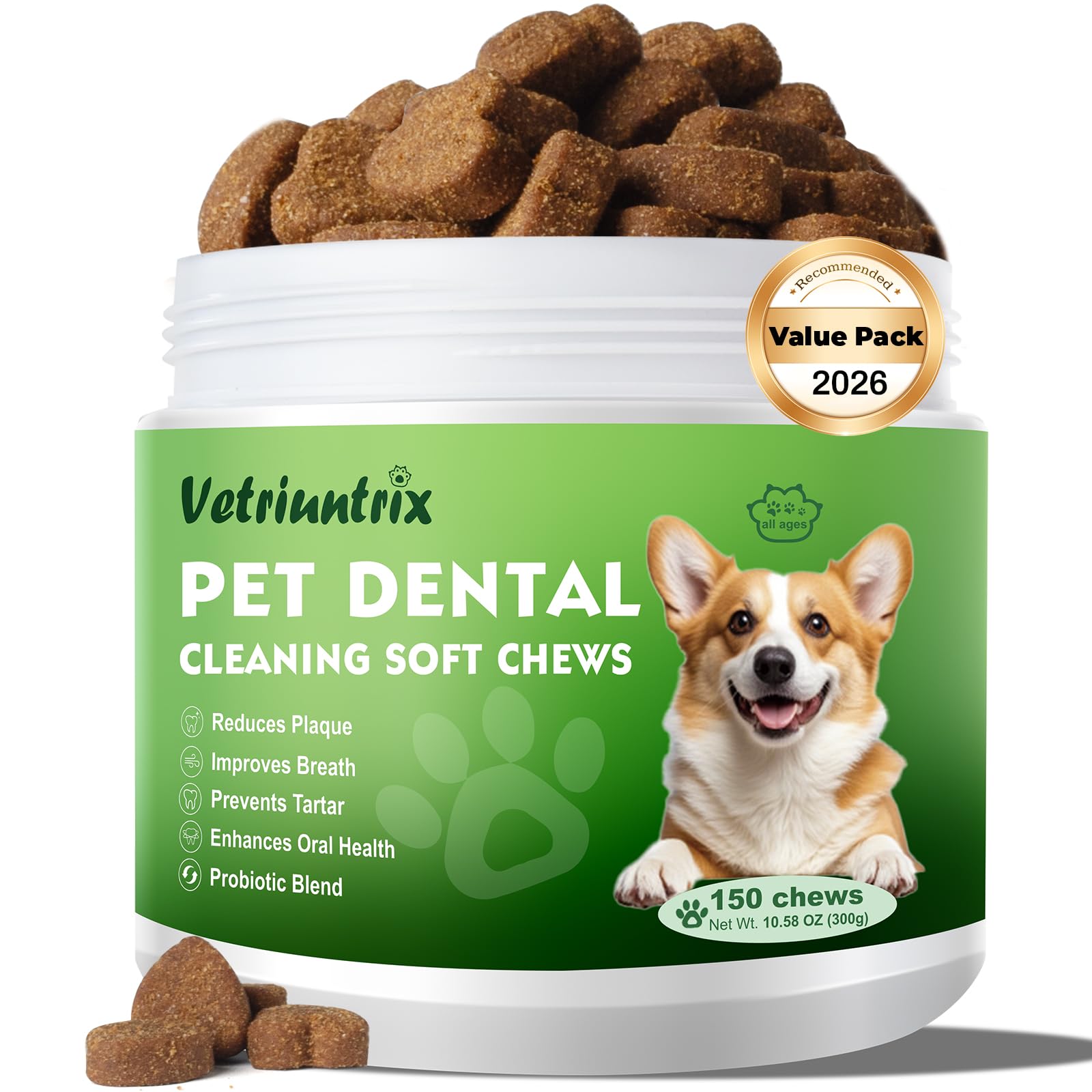 Vetriuntrix dog teeth chews packaging promotes fresher breath.