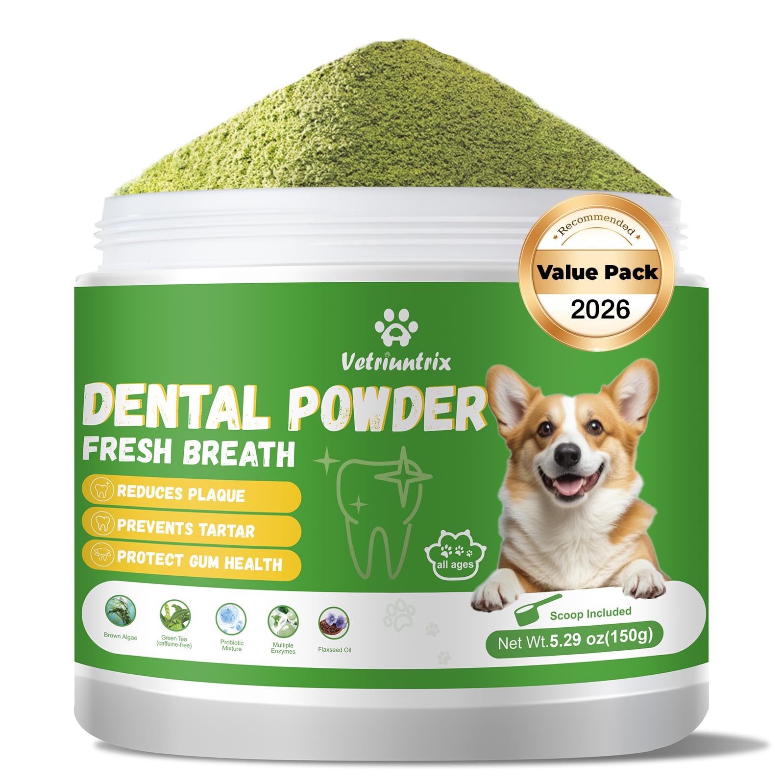 Vetriuntrix bottle with dog teeth cleaning powder for daily breath freshness.