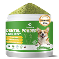 Vetriuntrix bottle with dog teeth cleaning powder for daily breath freshness.