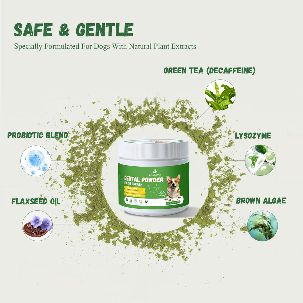 Powder sprinkled on food helps support fresh breath with Vetriuntrix.