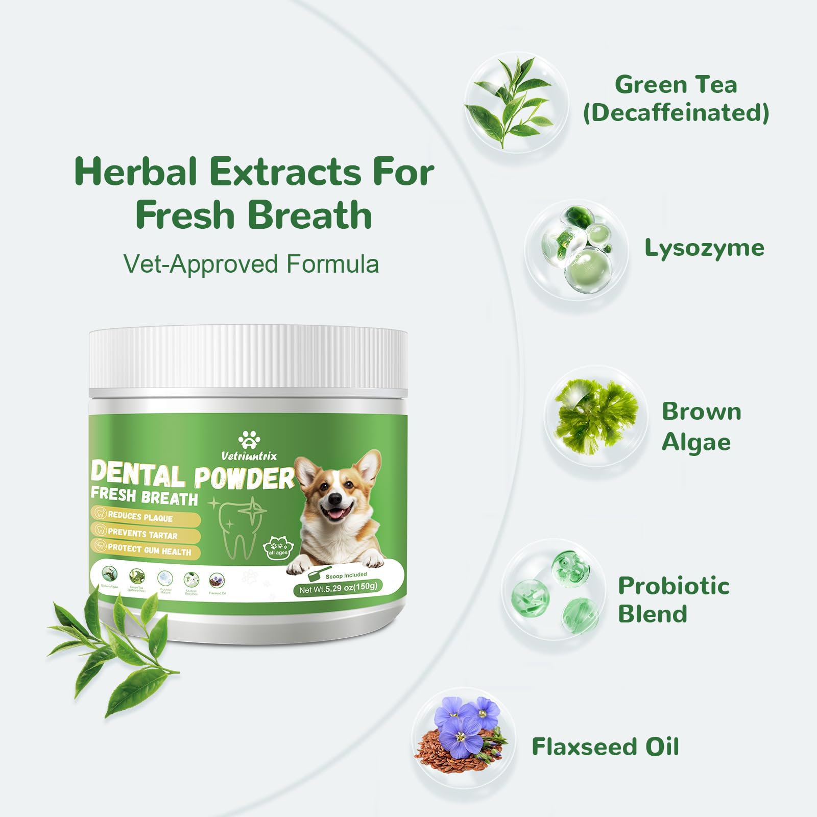 Vetriuntrix powder sprinkled on dog food to support fresh breath.