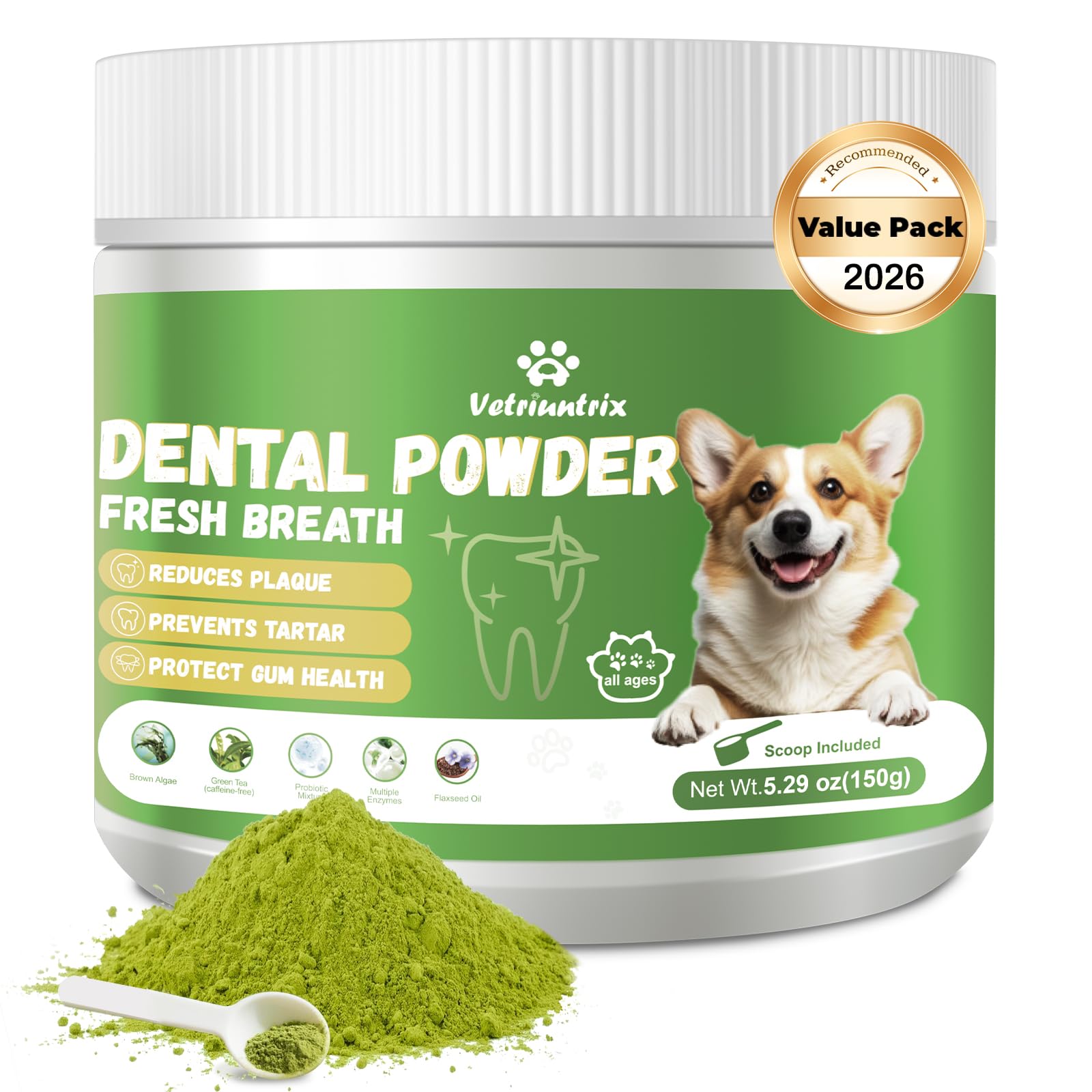 Vetriuntrix Dog Teeth Cleaning Powder tub with scoop for easy daily dental care.
