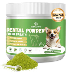 Vetriuntrix Dog Teeth Cleaning Powder tub with scoop for easy daily dental care.
