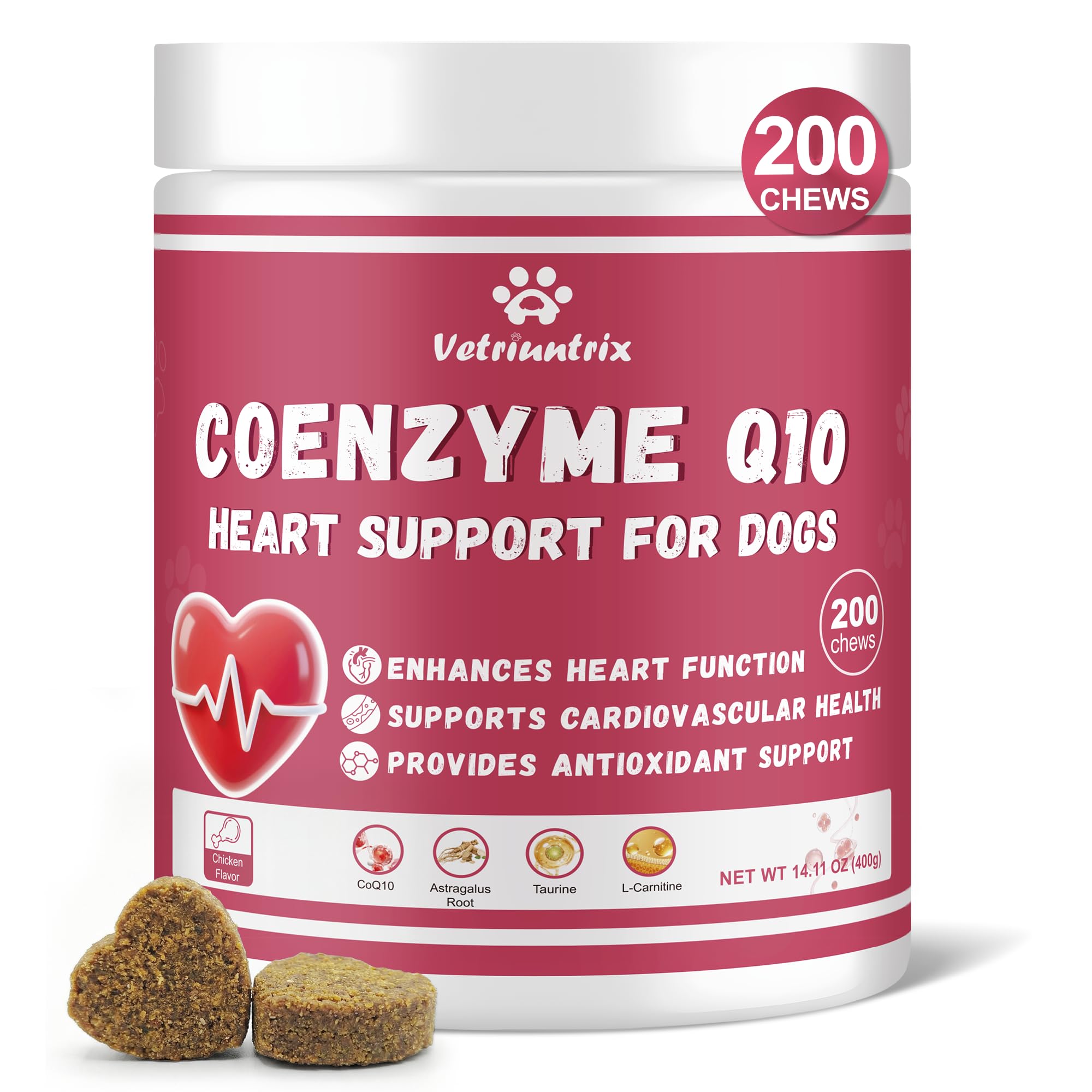 Vetriuntrix Heart Support chews in bottle for easy daily dosing.