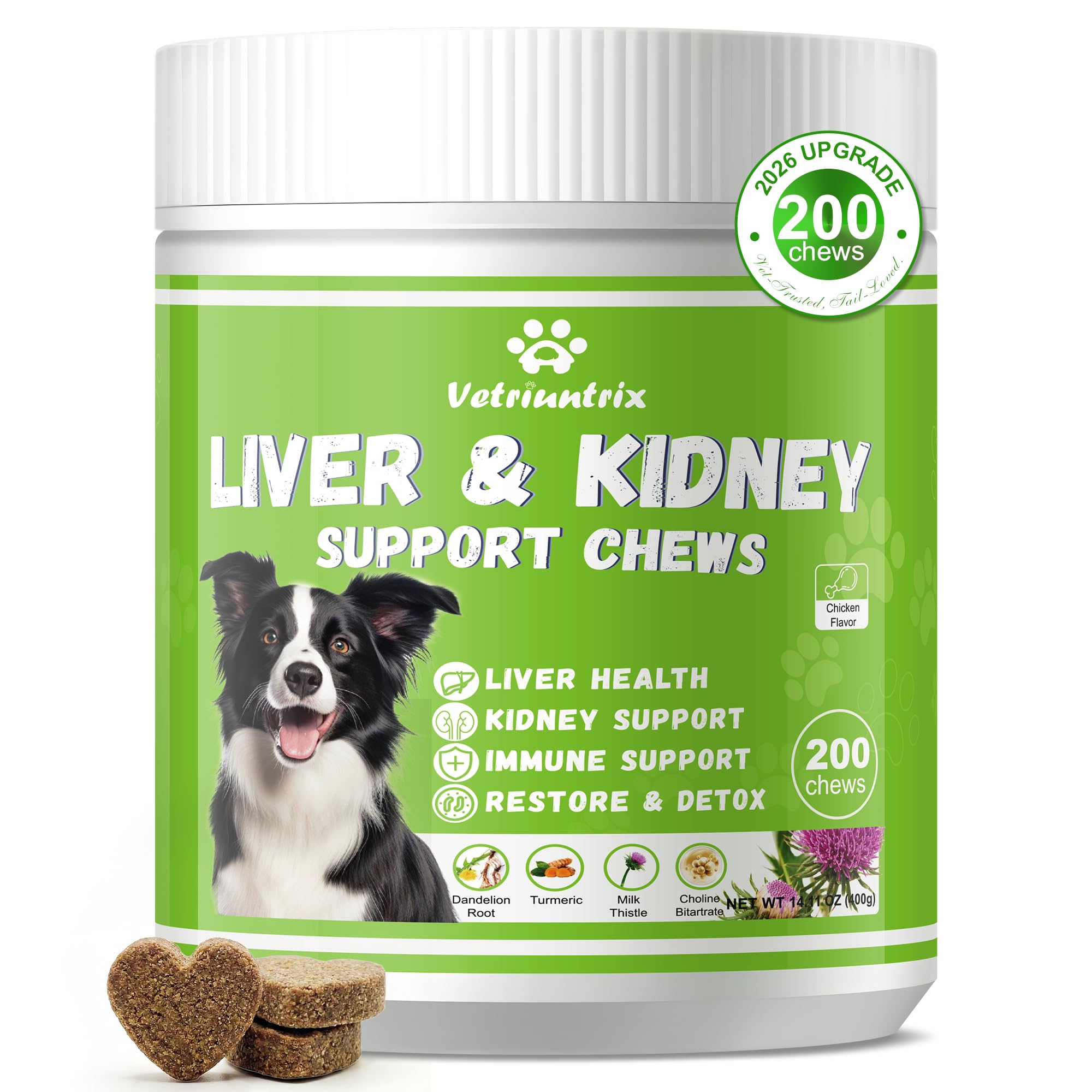 Vetriuntrix Liver Support soft chews bottle for dogs, easy daily liver and kidney support.
