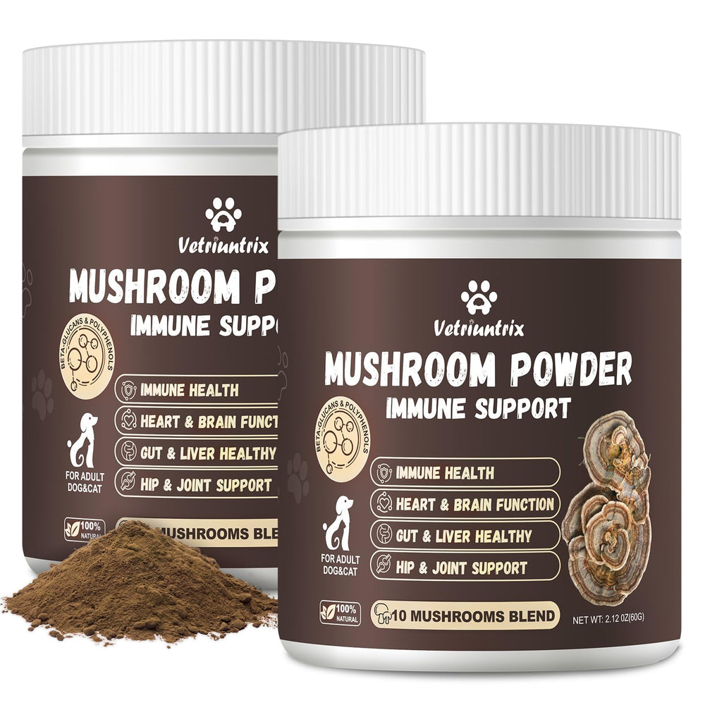 Vetriuntrix Turkey Tail bottle with 10 mushroom blend for dog health.
