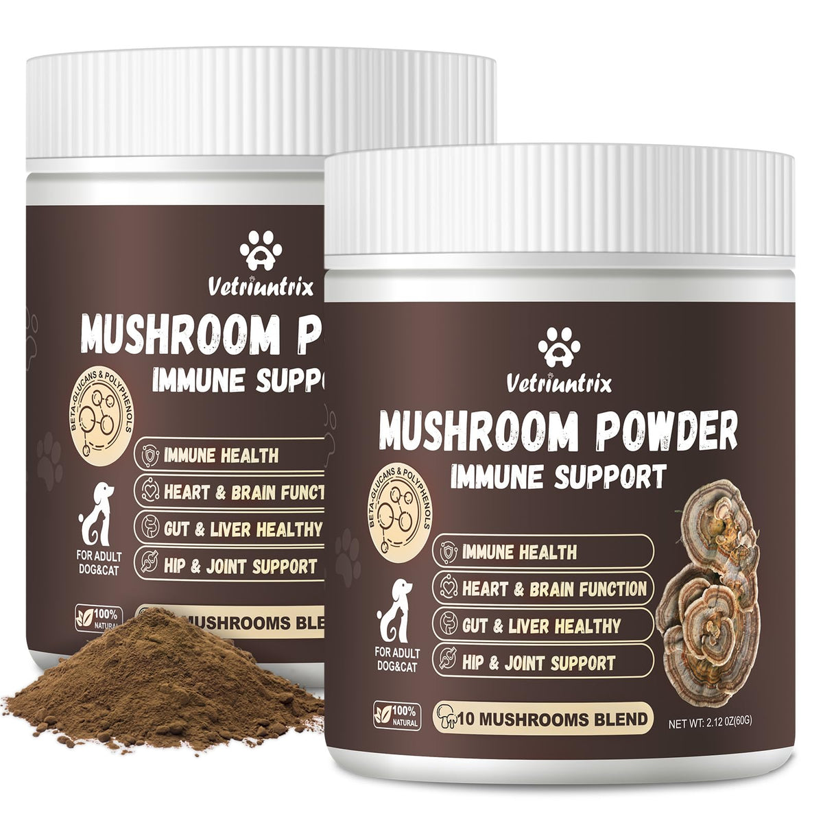 Vetriuntrix Turkey Tail bottle with 10 mushroom blend for dog health.