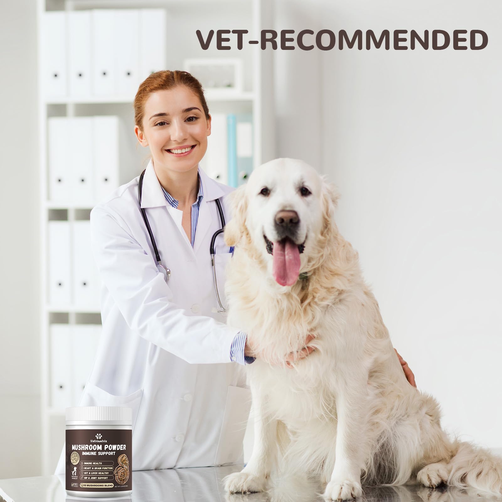 Vetriuntrix Turkey Tail wellness image suggests a 10-mushroom blend for gut and skin support.