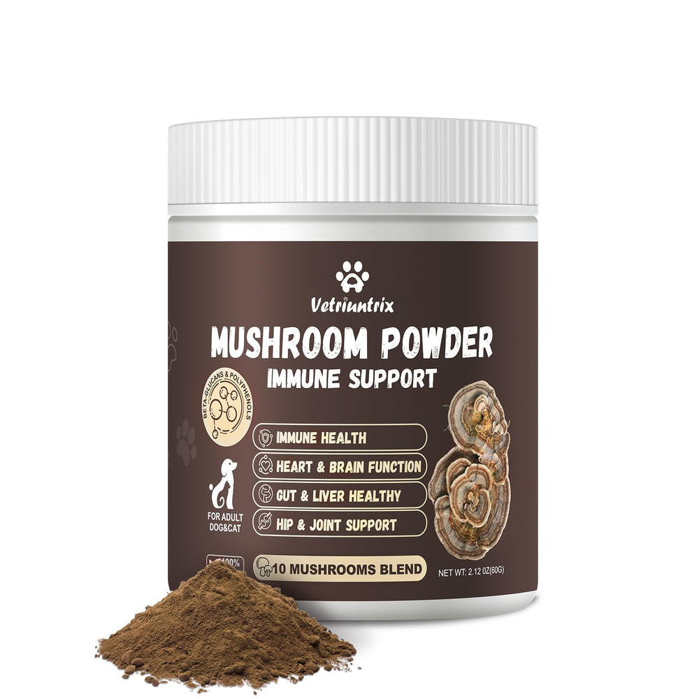 Vetriuntrix Turkey Tail dog powder bottle hints at immune support and daily energy.