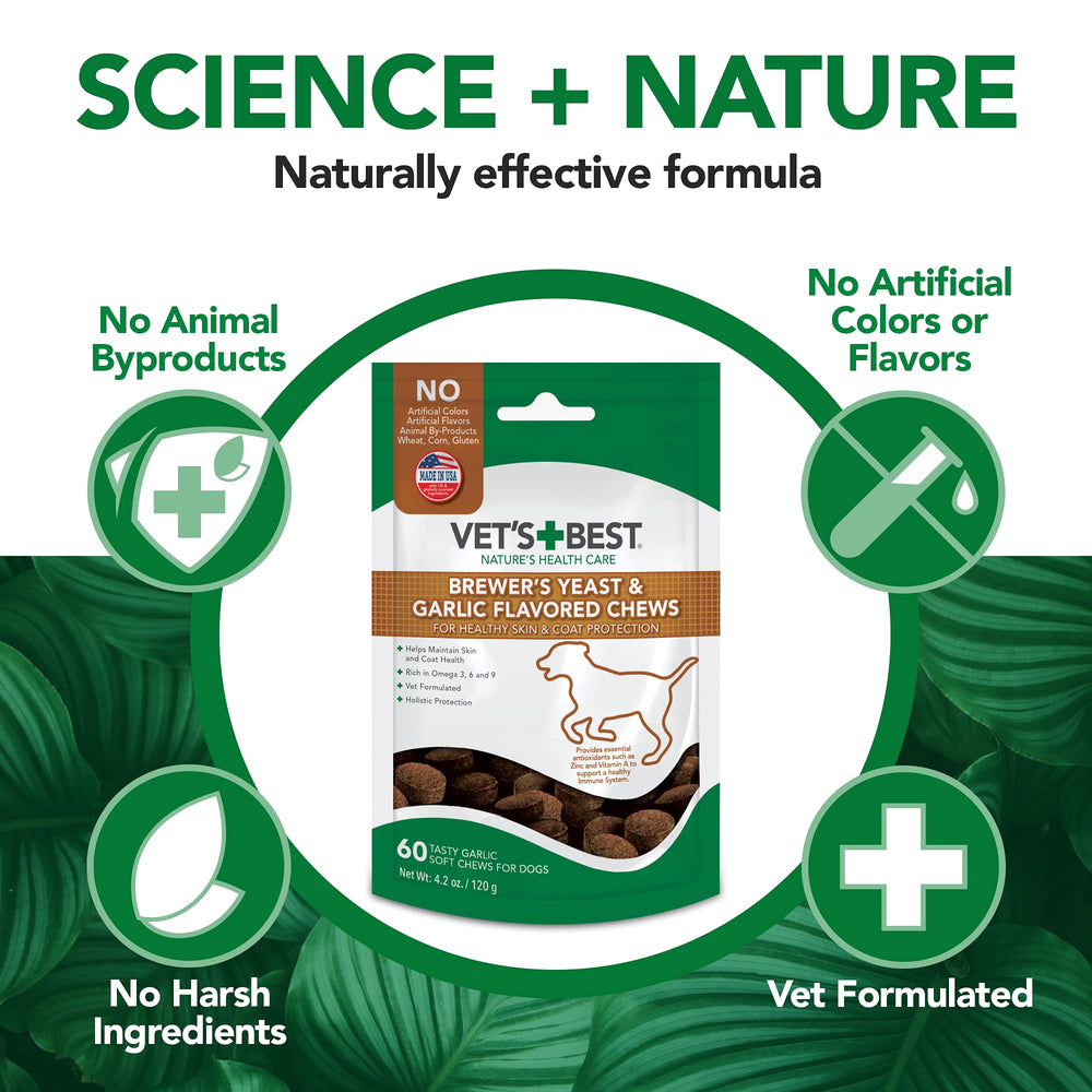 Vets Best Brewers Yeast Garlic Chews daily-use bottle on shelf for routine wellness