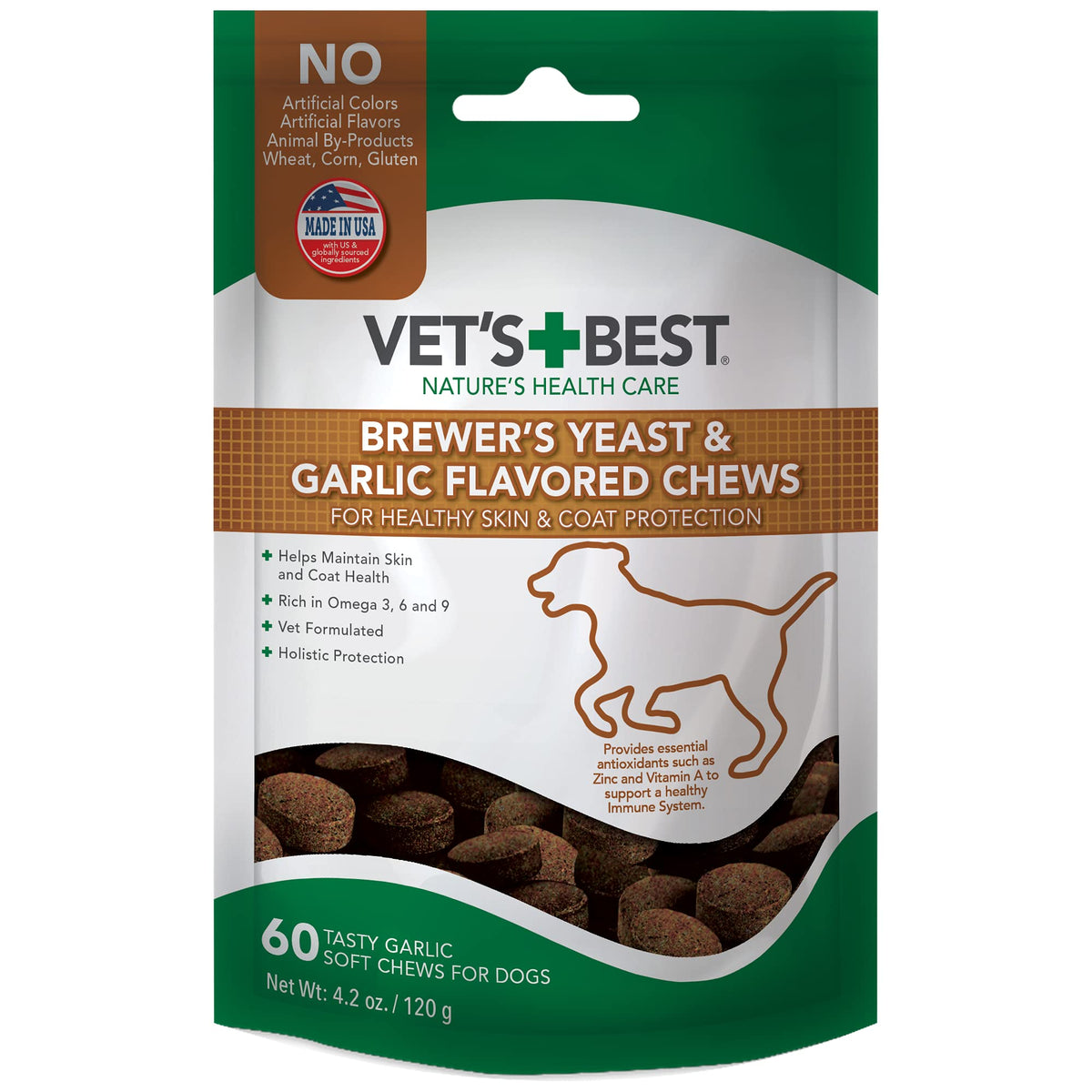 Vets Best Brewers Yeast Garlic Chews packaging for convenient daily use supporting skin and coat health