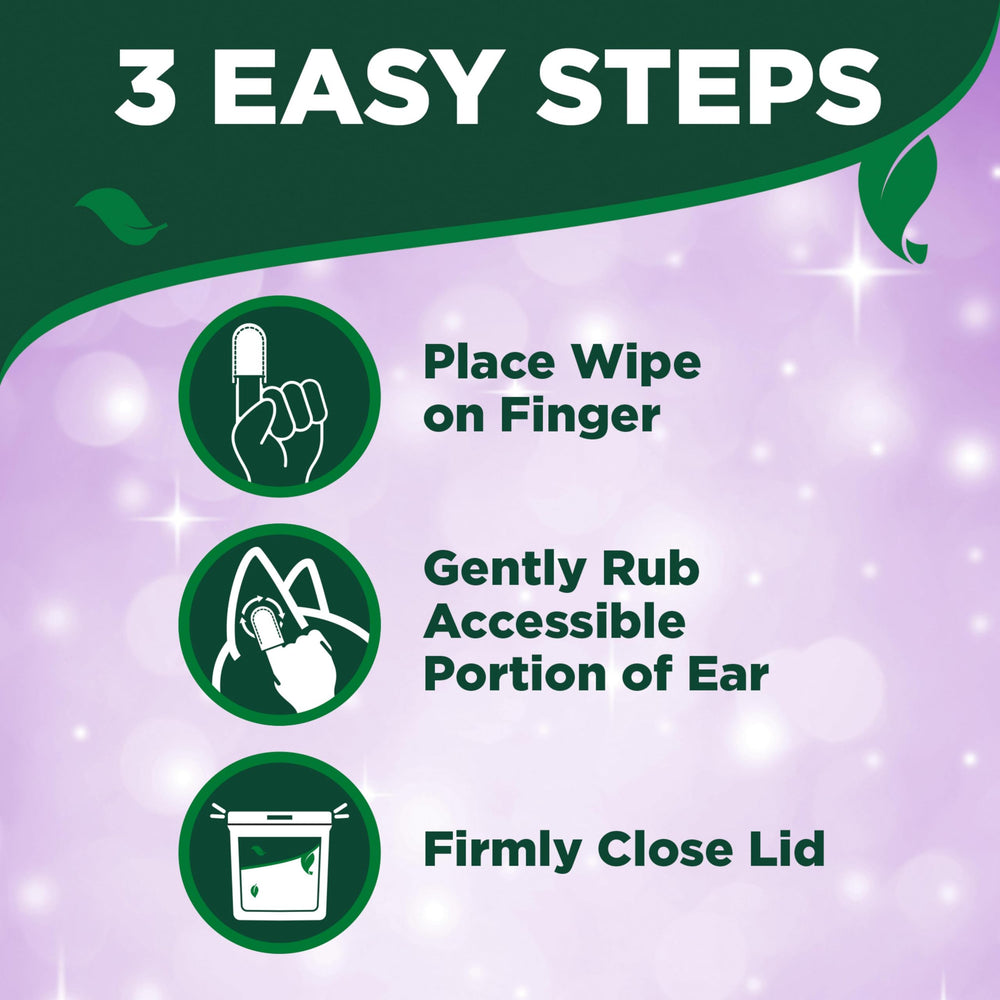 Vet's Best Ear Relief Finger Wipes feature natural ingredients like witch hazel, aloe vera, tea tree oil