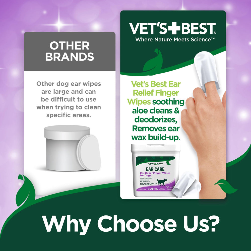 Vet's Best Ear Relief Finger Wipes applied to a dog's ear for routine care