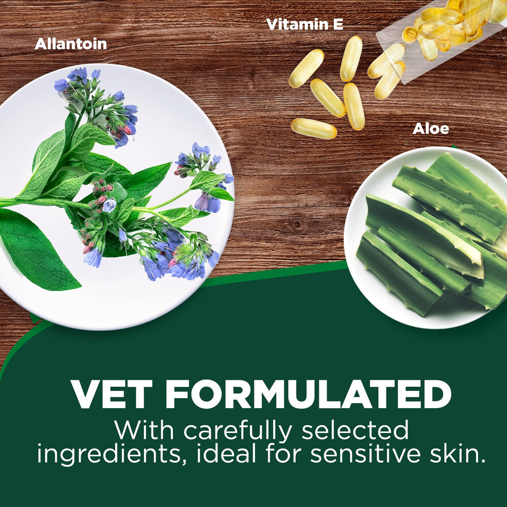 Vet's Best hypo-allergenic shampoo after-bath routine for calm, clean skin.