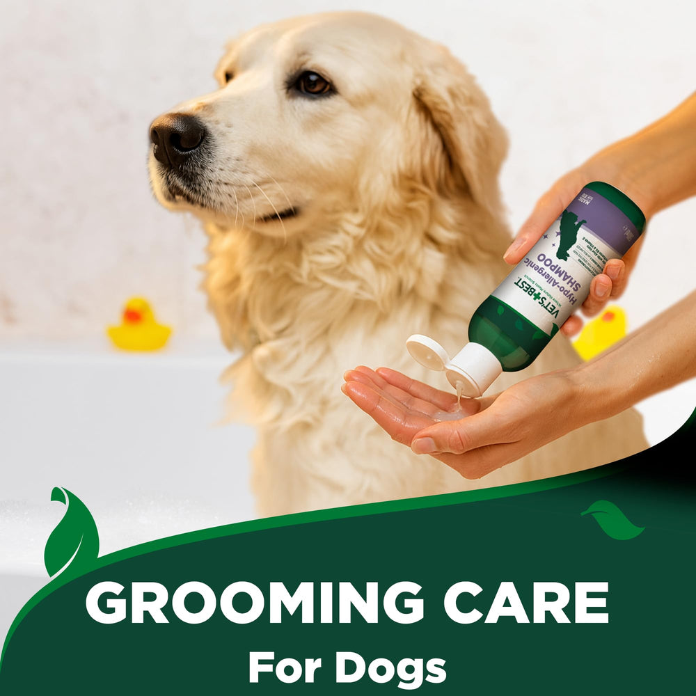 Vet's Best hypo-allergenic shampoo ingredients Aloe Vera and Vitamin E on label.