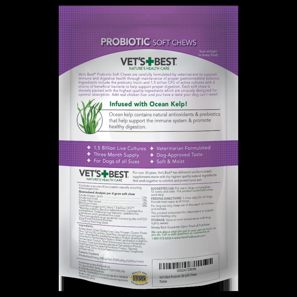 Dog paw with Vet's Best Probiotic Soft Chews emphasizes flavor and convenience