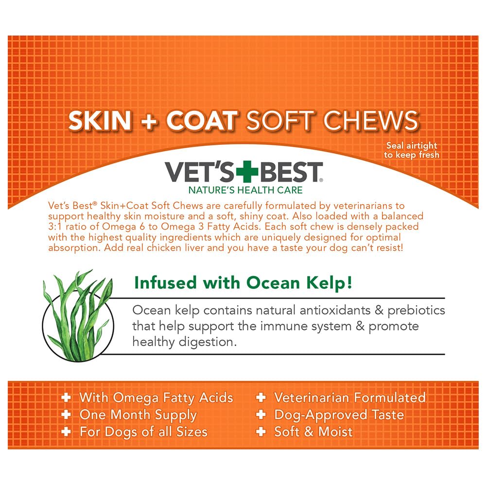Dog sniffing Vet's Best chews demonstrates easy daily supplementation.