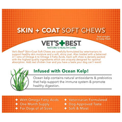 Dog sniffing Vet's Best chews demonstrates easy daily supplementation.