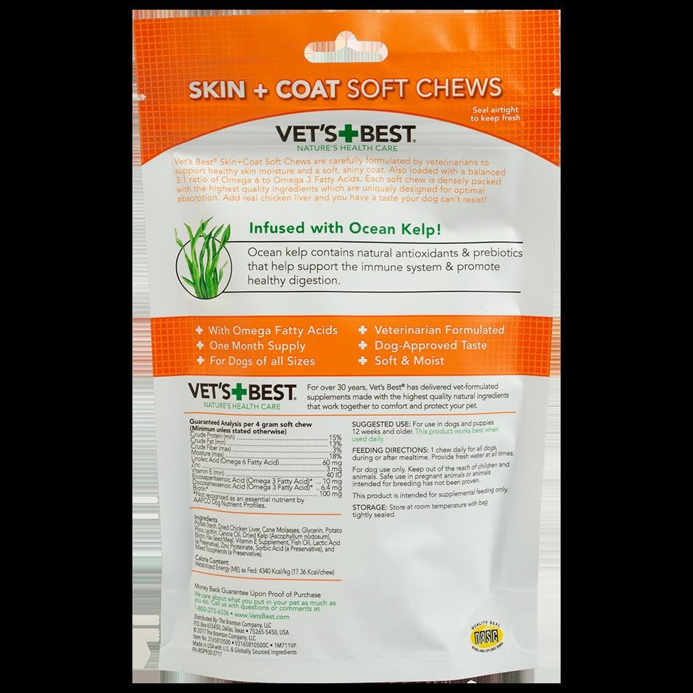 Vet's Best Skin & Coat packaging shows serving suggestions for dogs.