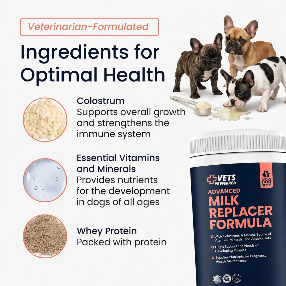 Vets Preferred Colostrum-Enriched Formula bottle emphasizing immune-friendly nutrition.