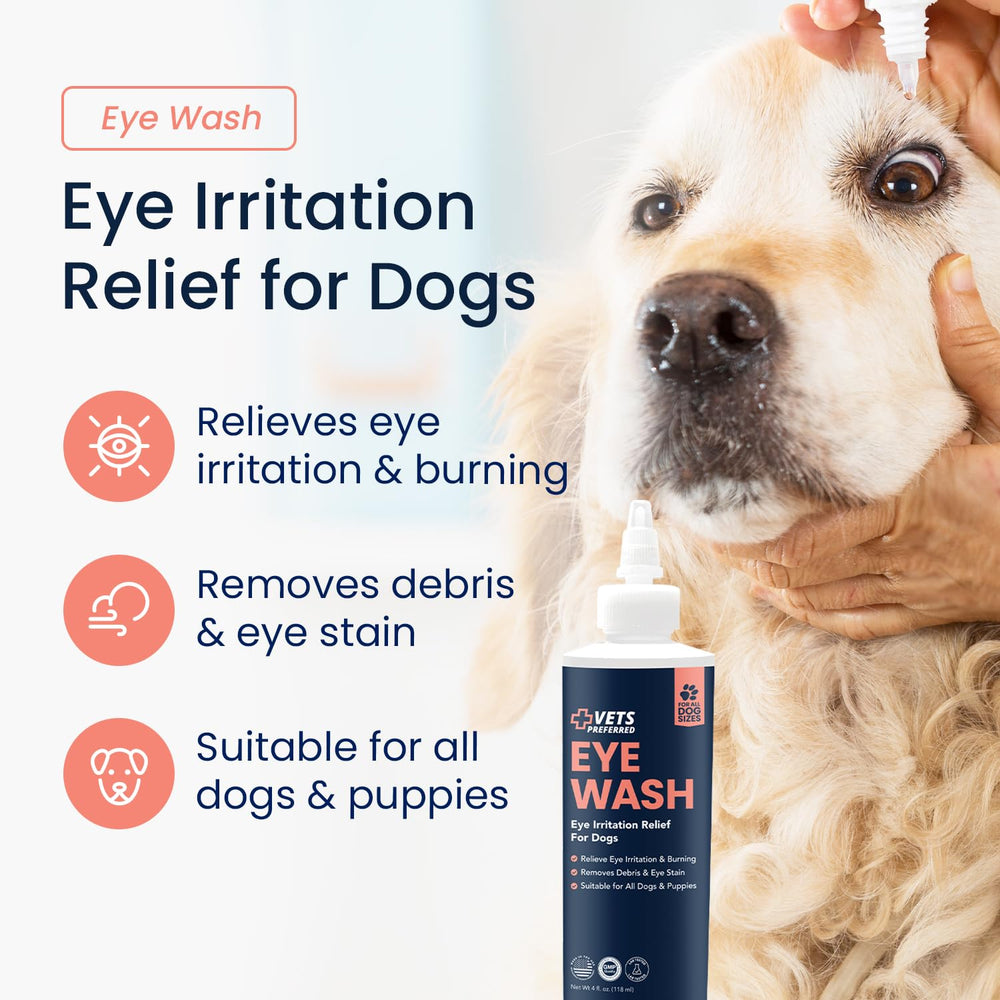 Closeup of a dog eye with Vets Preferred Eye Cleaner for gentle cleansing.