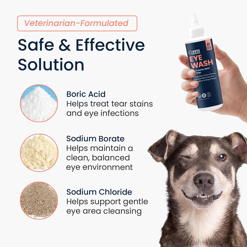 Precise dropper application of Vets Preferred Eye Cleaner on a dog's eye area.